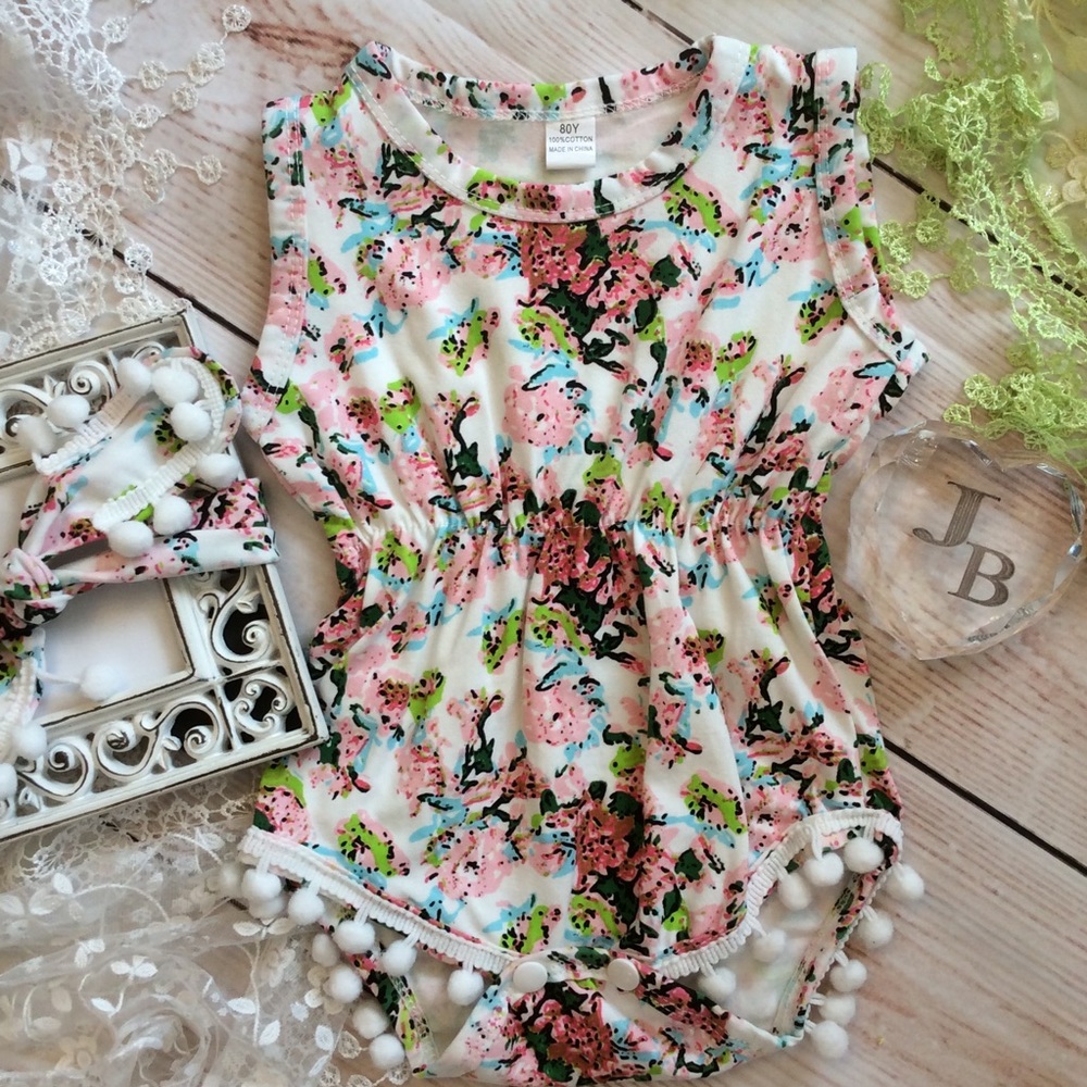 Boutique Baby Girl Floral Pom Pom Romper
